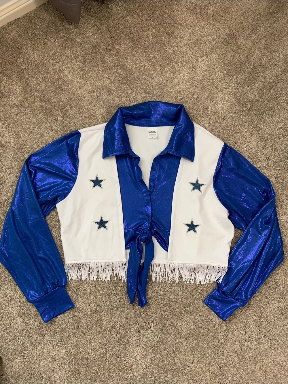 Dallas Cowboys Cheerleader Spirit Blue Womens Fringe Tie-Front Top Costume Large